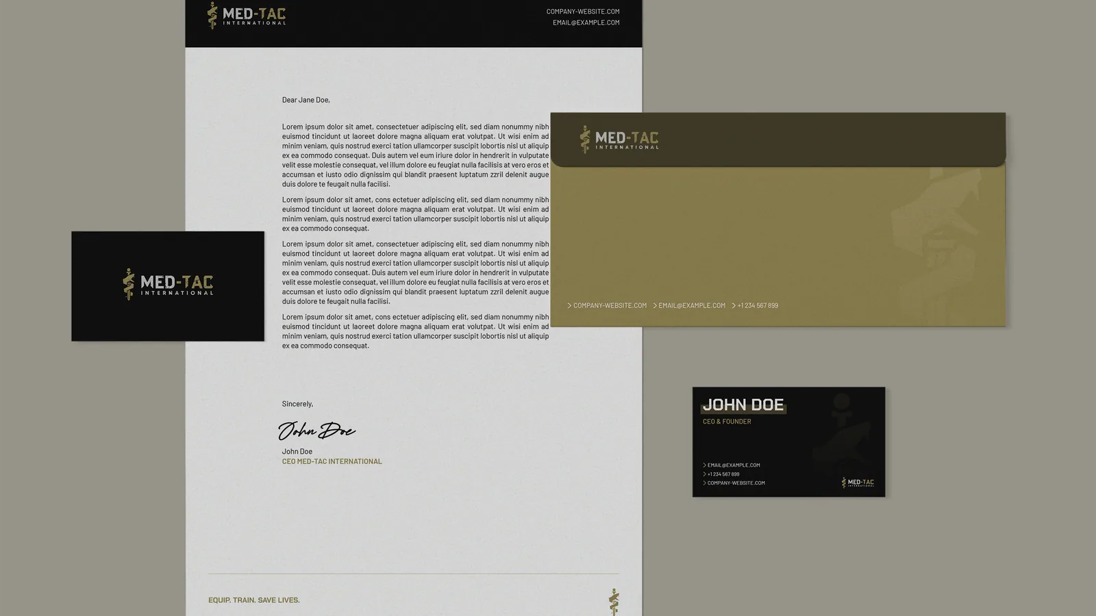 MED-TAC International stationery system with letterhead, envelope, and business card applications.